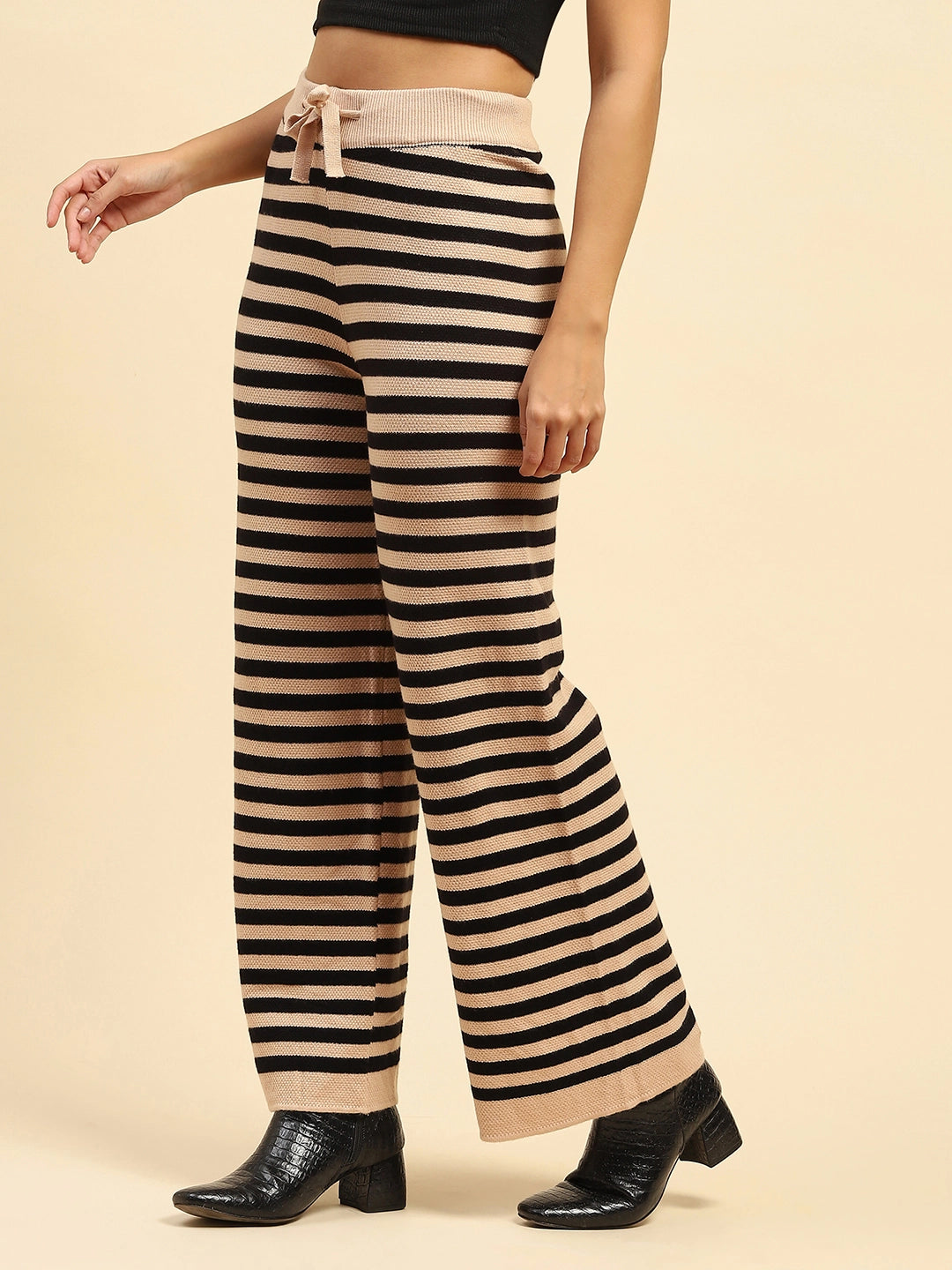 Black And Beige Striped Viscose Lower - Global Republic