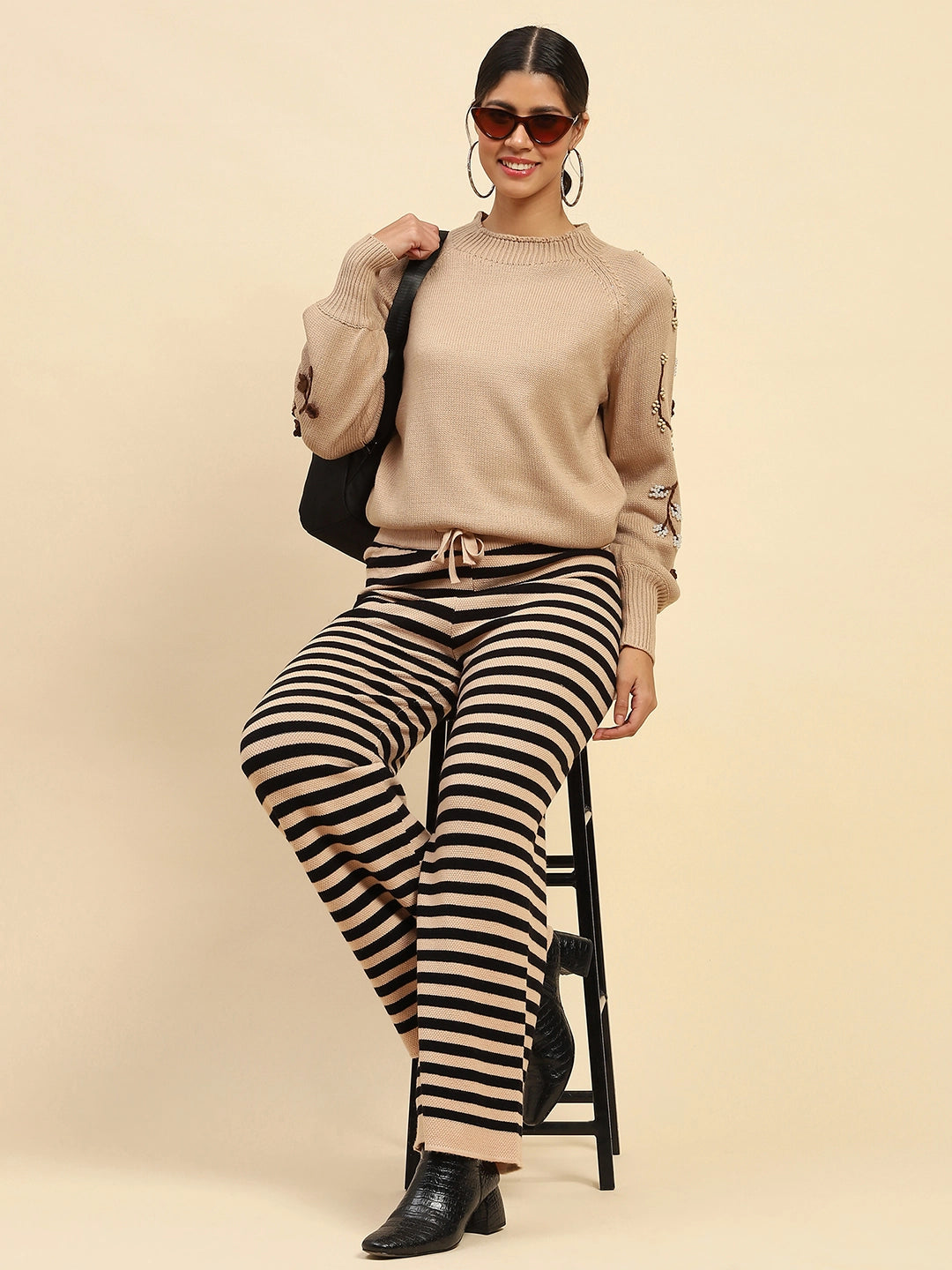 Black And Beige Striped Viscose Lower - Global Republic
