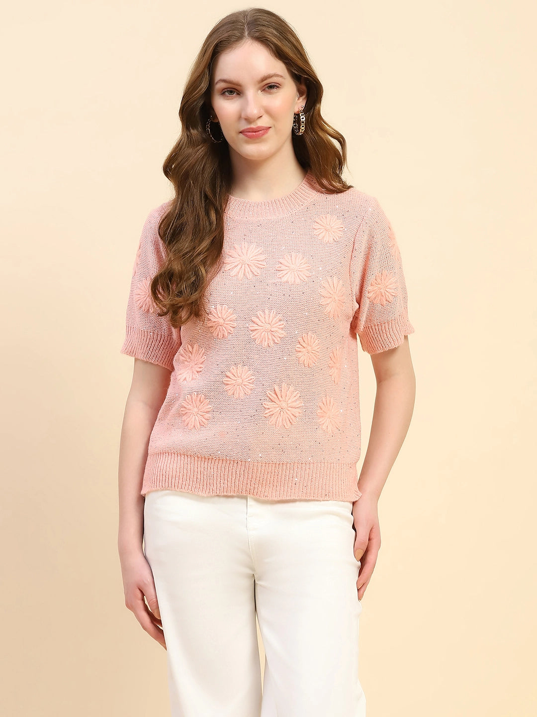 Pink Embroidered Acrylic Blend Pullover - Global Republic