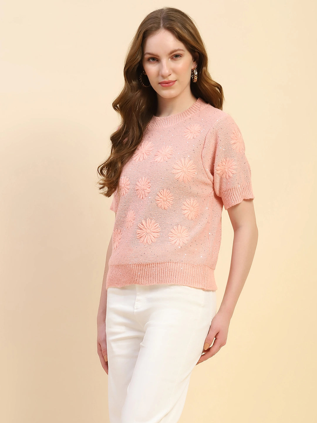 Pink Embroidered Acrylic Blend Pullover - Global Republic