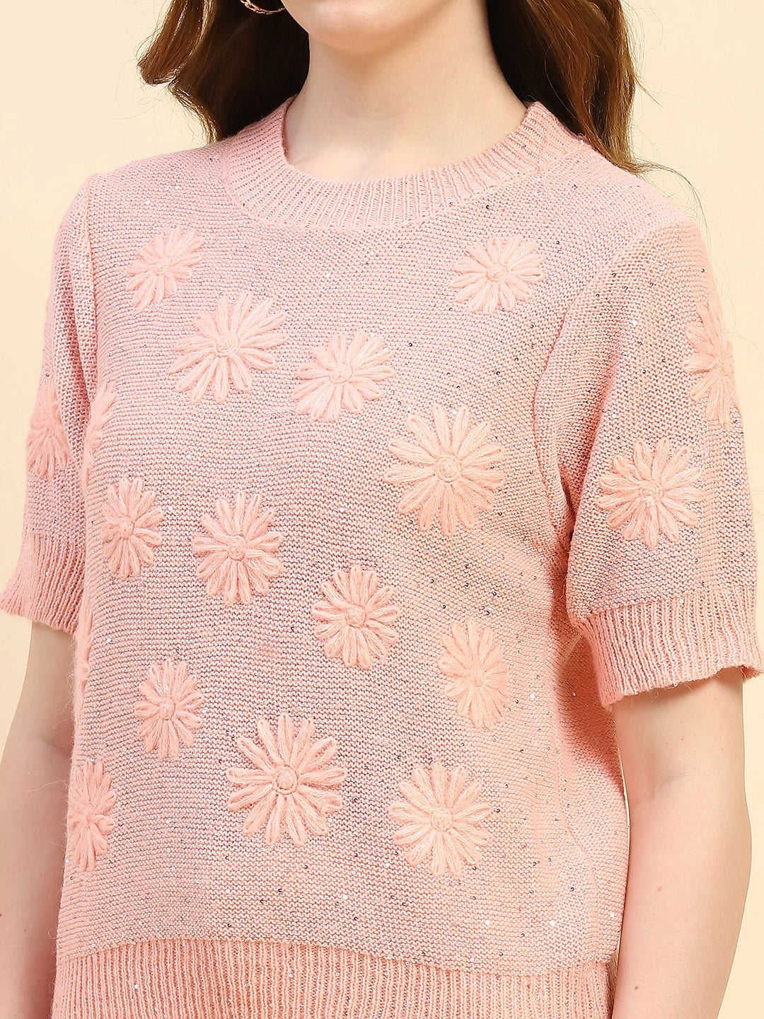 Pink Embroidered Acrylic Blend Pullover - Global Republic