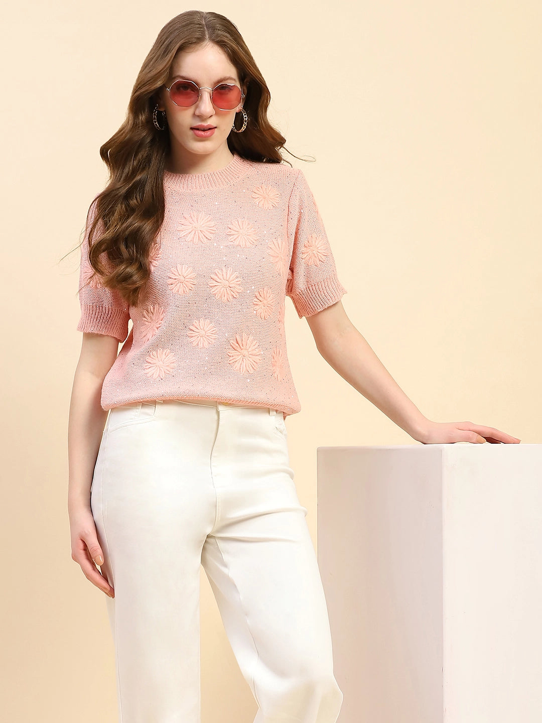 Pink Embroidered Acrylic Blend Pullover - Global Republic