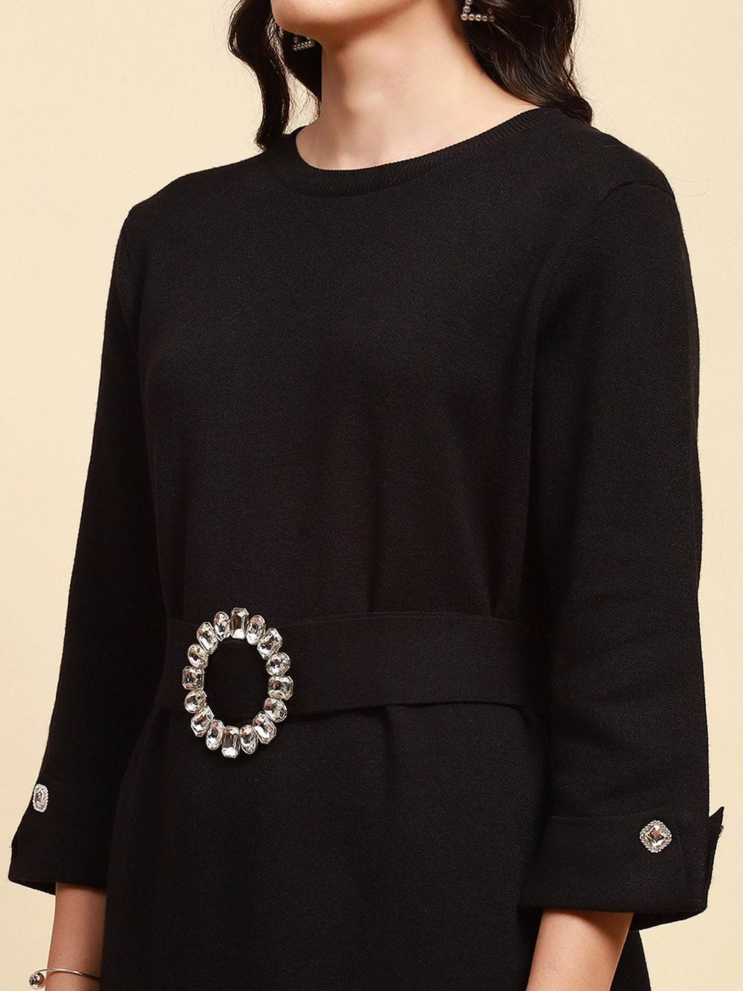 Black Viscose Loose Fit Winter Dress - Global Republic