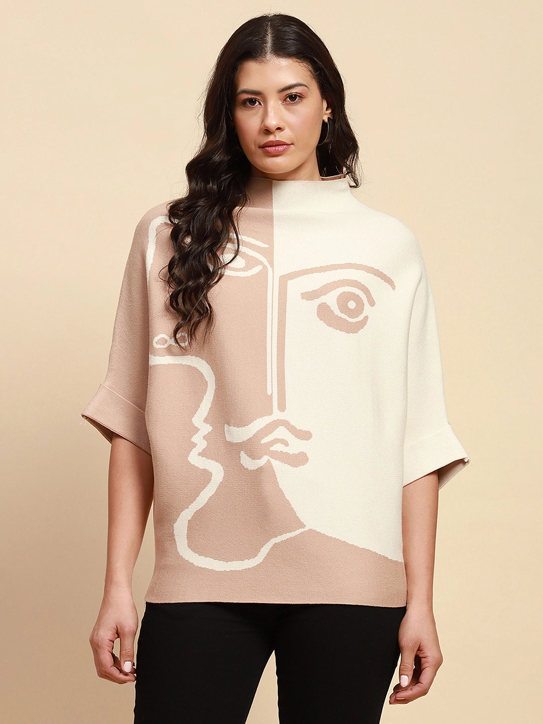 Beige Viscose Blend Loose Fit Pullover - Global Republic