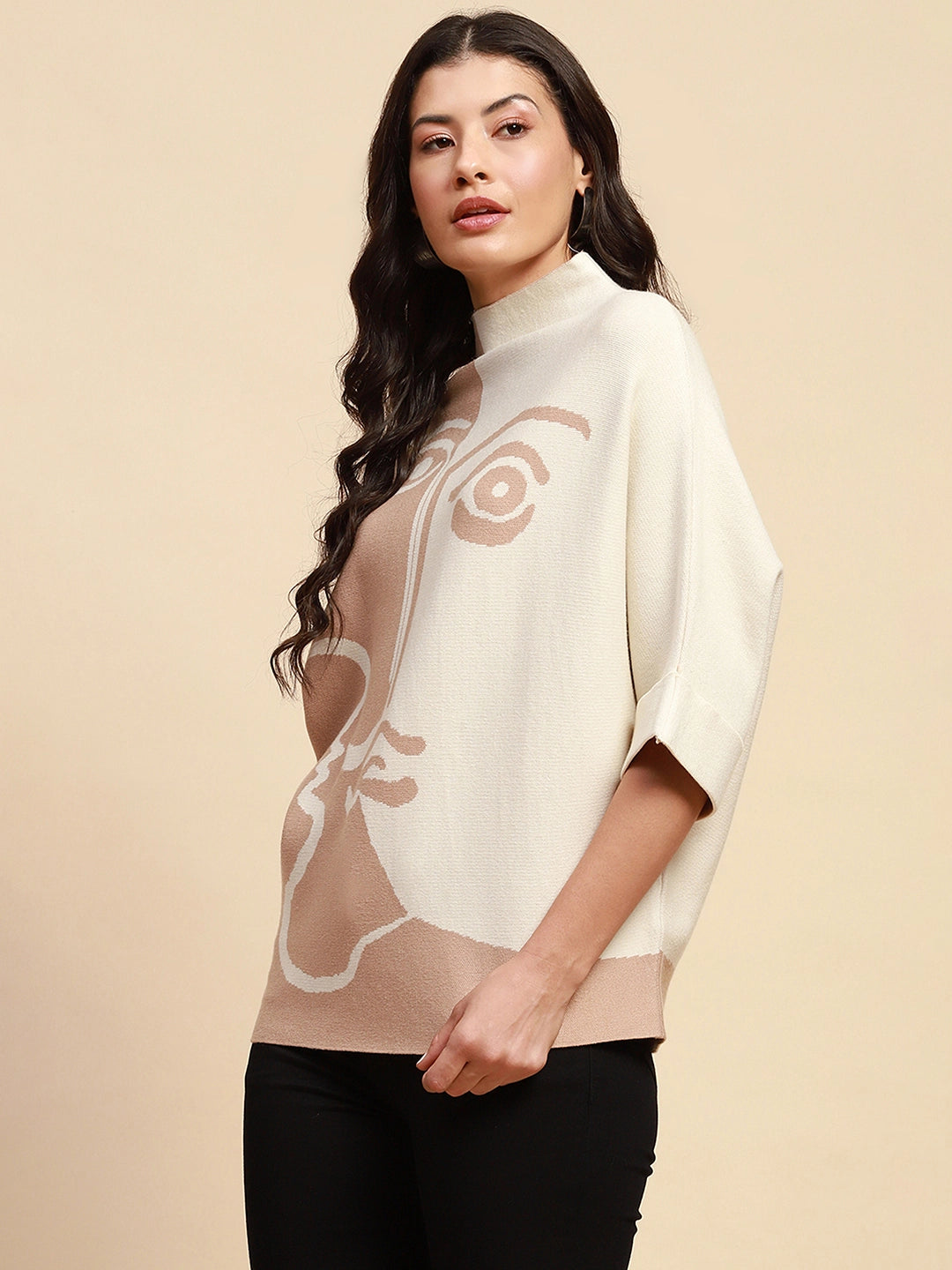 Beige Viscose Blend Loose Fit Pullover - Global Republic