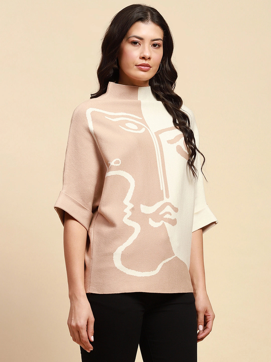 Beige Viscose Blend Loose Fit Pullover - Global Republic