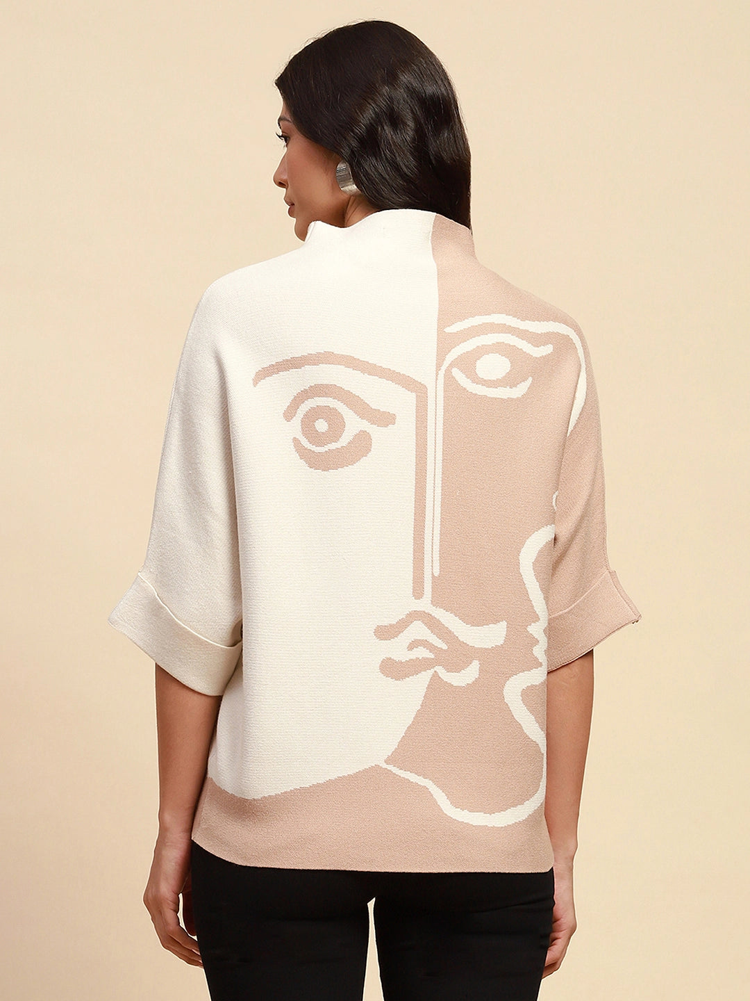 Beige Viscose Blend Loose Fit Pullover - Global Republic