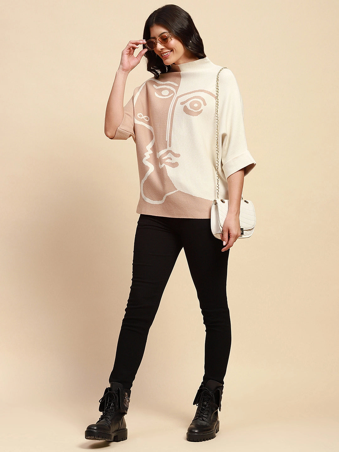 Beige Viscose Blend Loose Fit Pullover - Global Republic