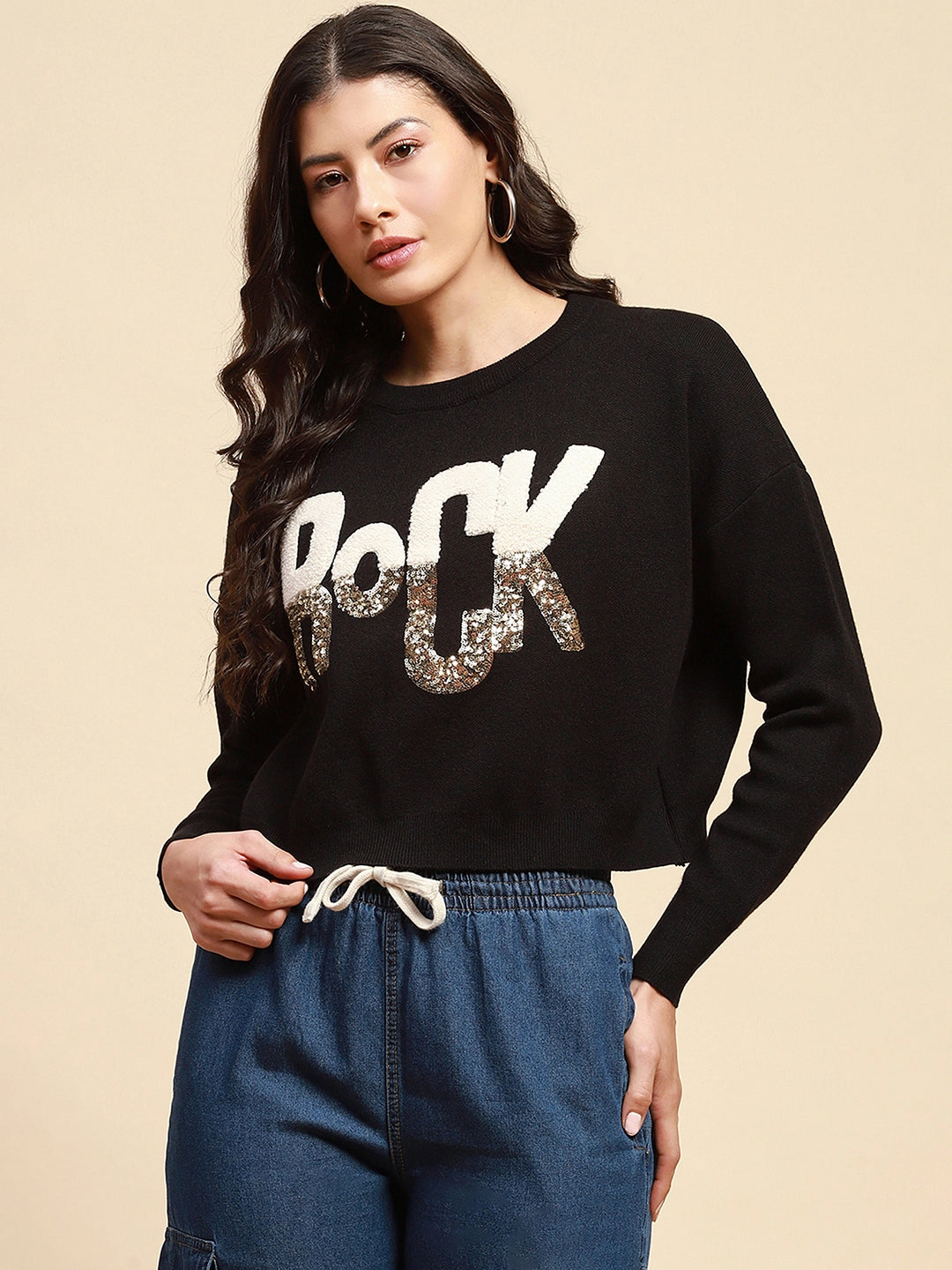 Black Viscose Boxy Fit Crop Pullover - Global Republic