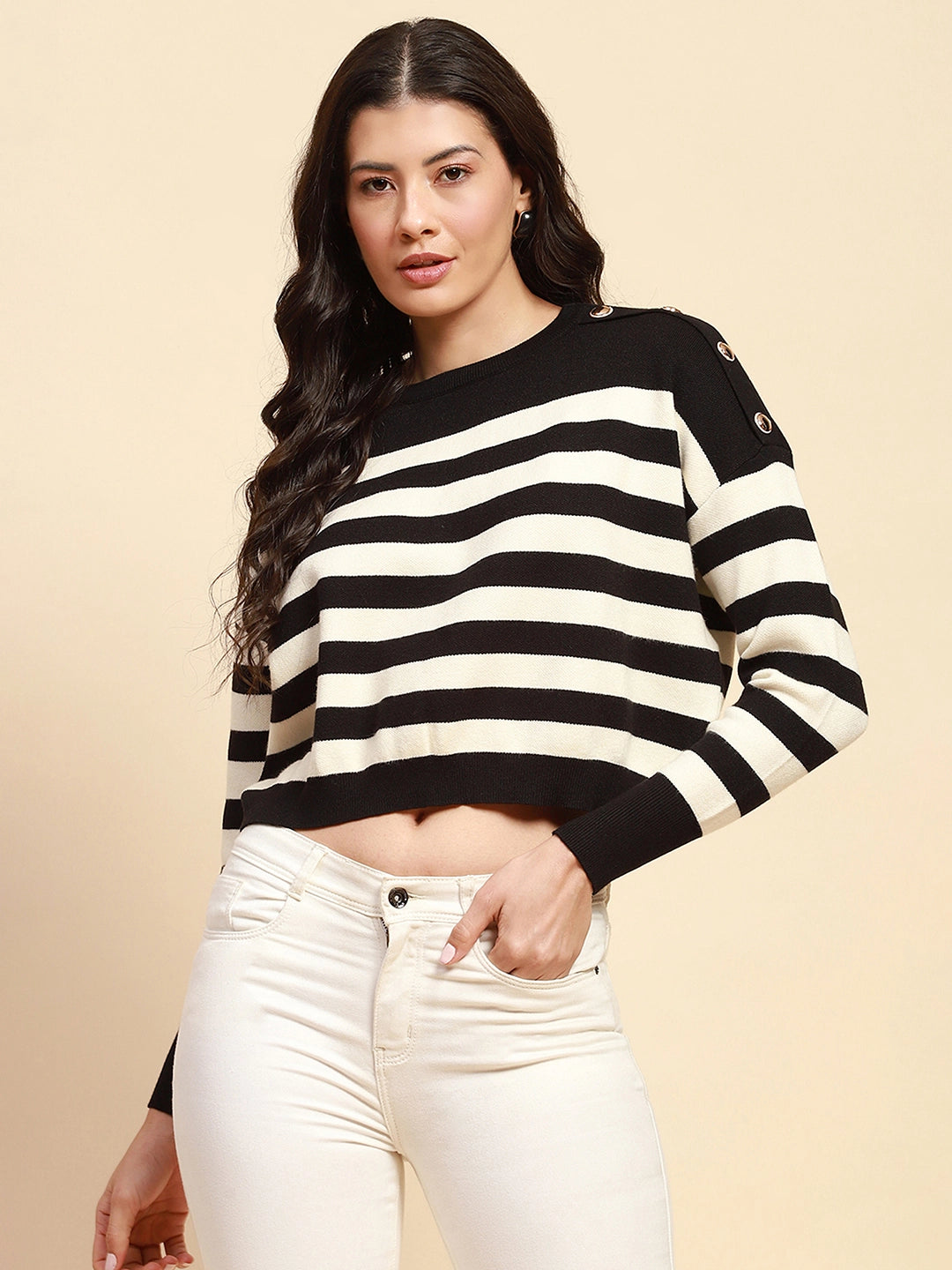 Black Boxy Fit Viscose Crop Pullover - Global Republic