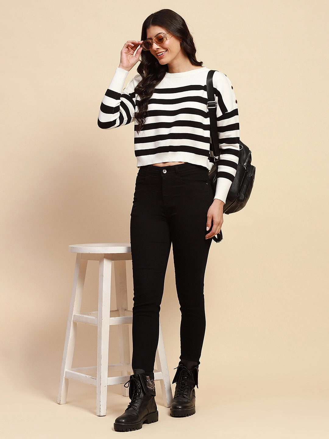 White Viscose Boxy Fit Crop Pullover - Global Republic