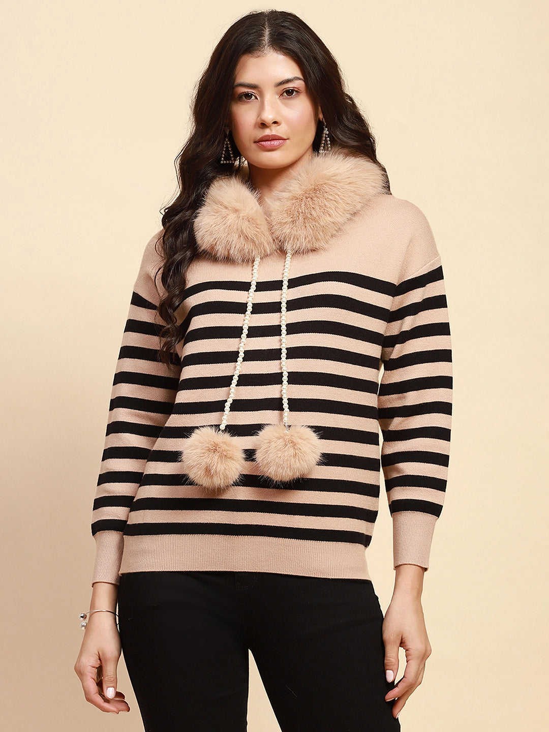 Beige Viscose Relaxed Fit Pullover - Global Republic