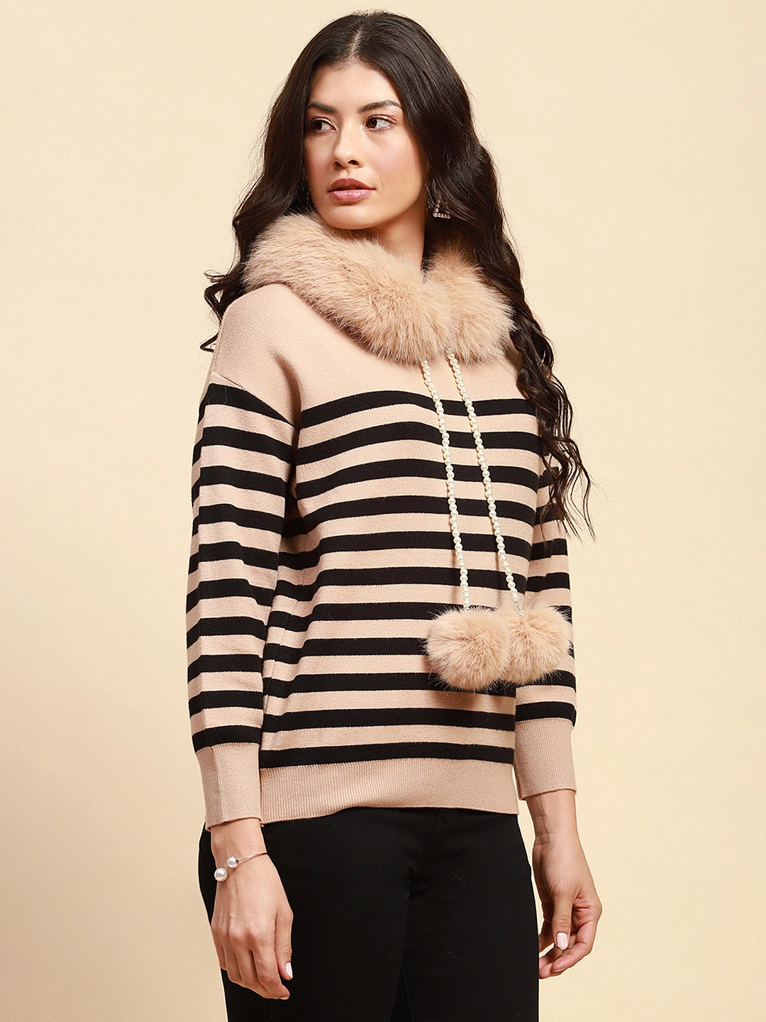 Beige Viscose Relaxed Fit Pullover - Global Republic