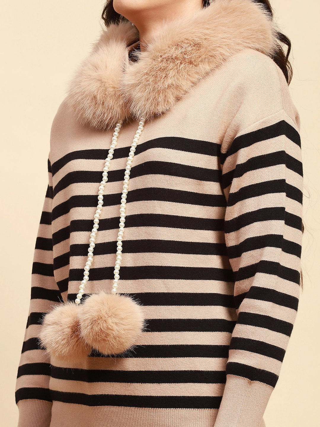 Beige Viscose Relaxed Fit Pullover - Global Republic