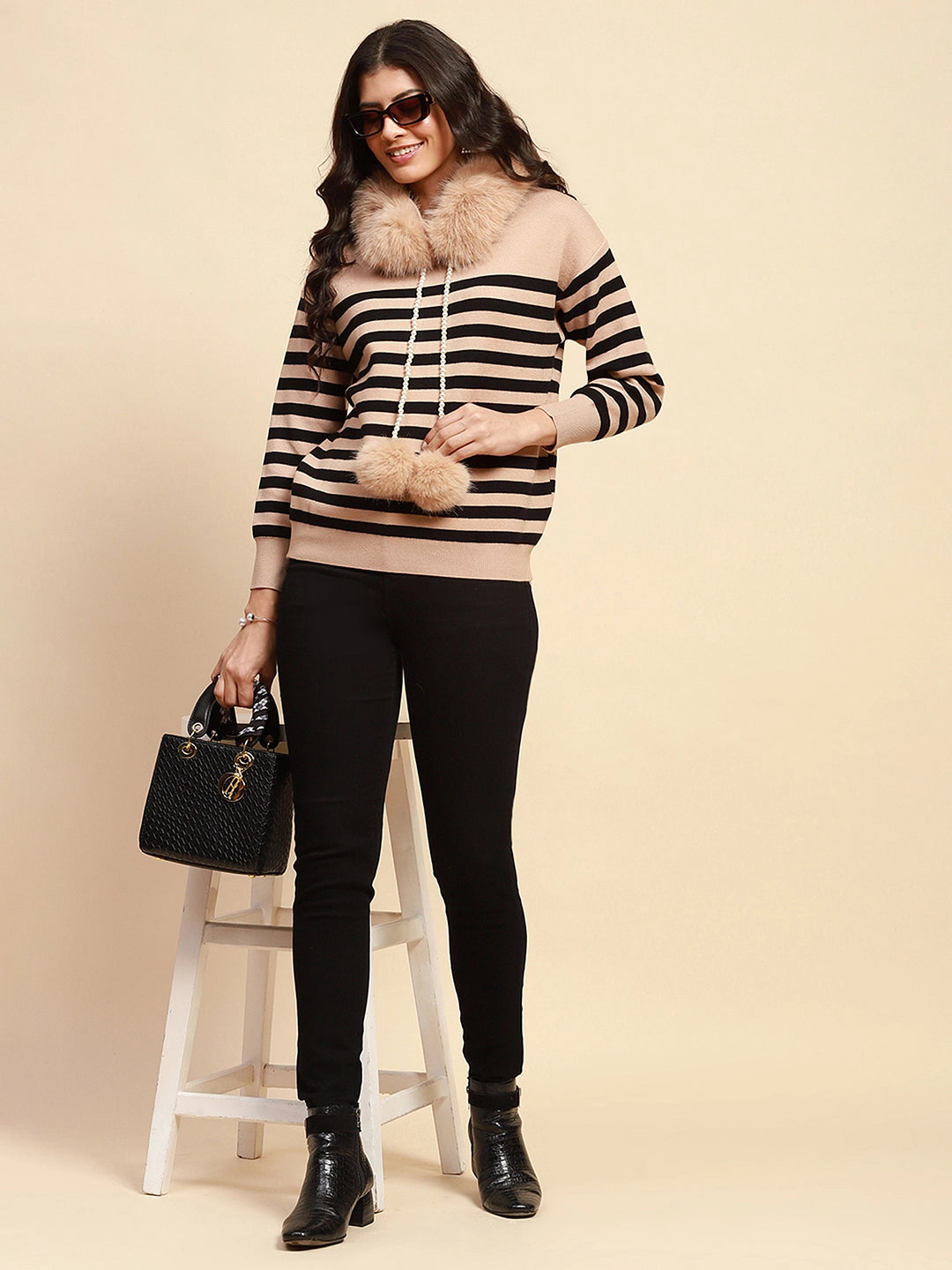 Beige Viscose Relaxed Fit Pullover - Global Republic