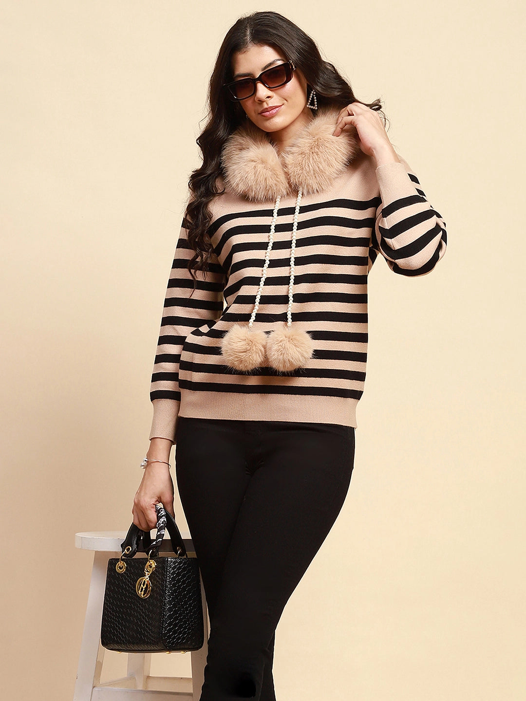 Beige Viscose Relaxed Fit Pullover - Global Republic