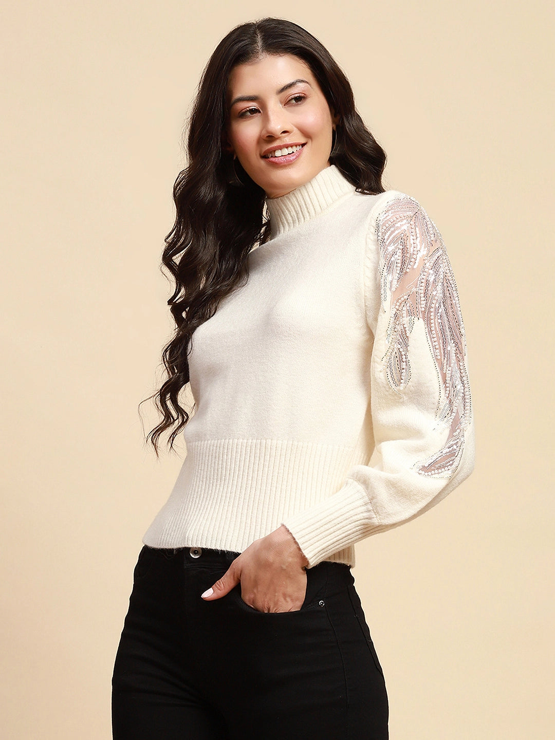 Off White Viscose Slim Fit Pullover - Global Republic