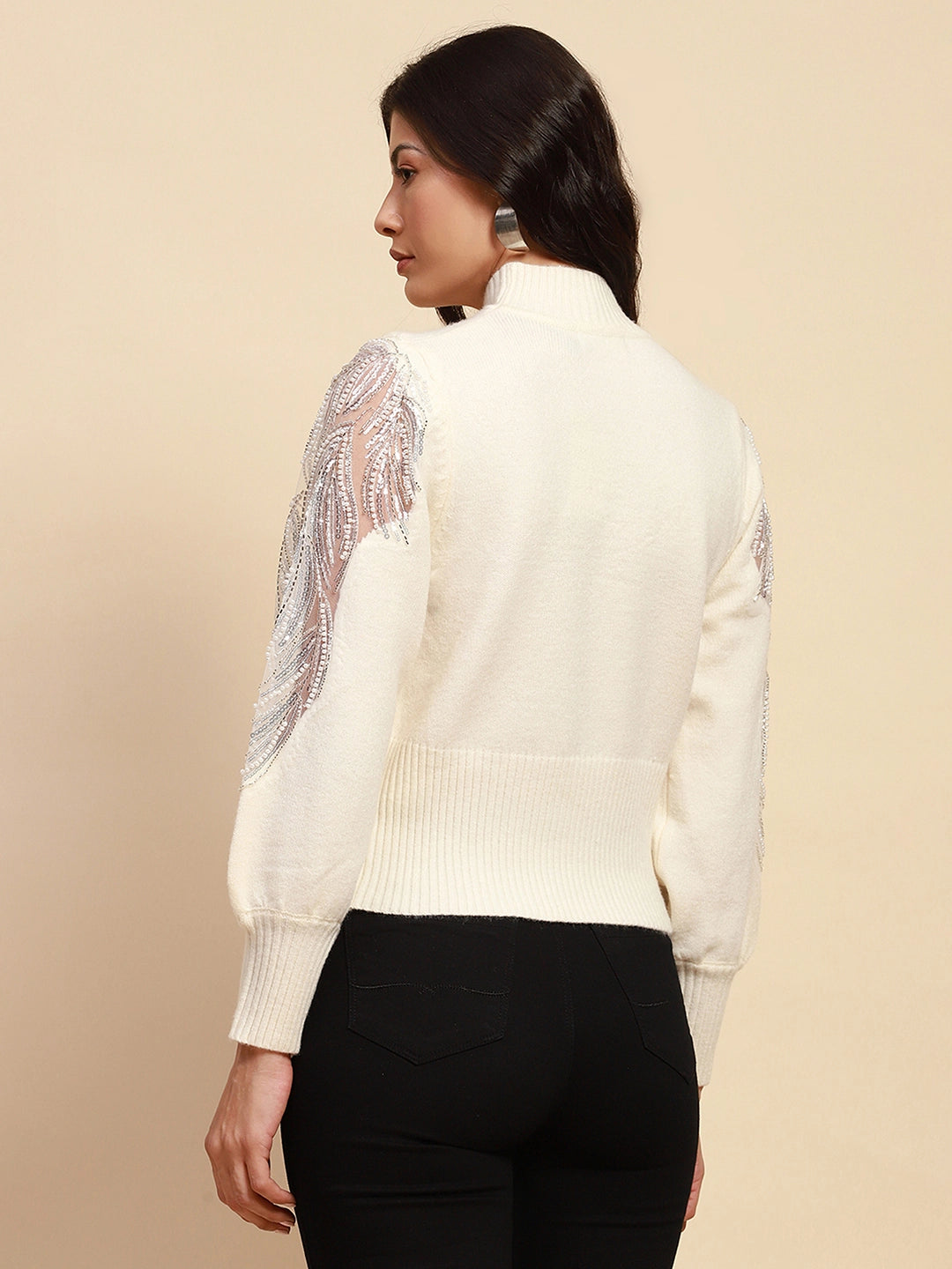 Off White Viscose Slim Fit Pullover - Global Republic