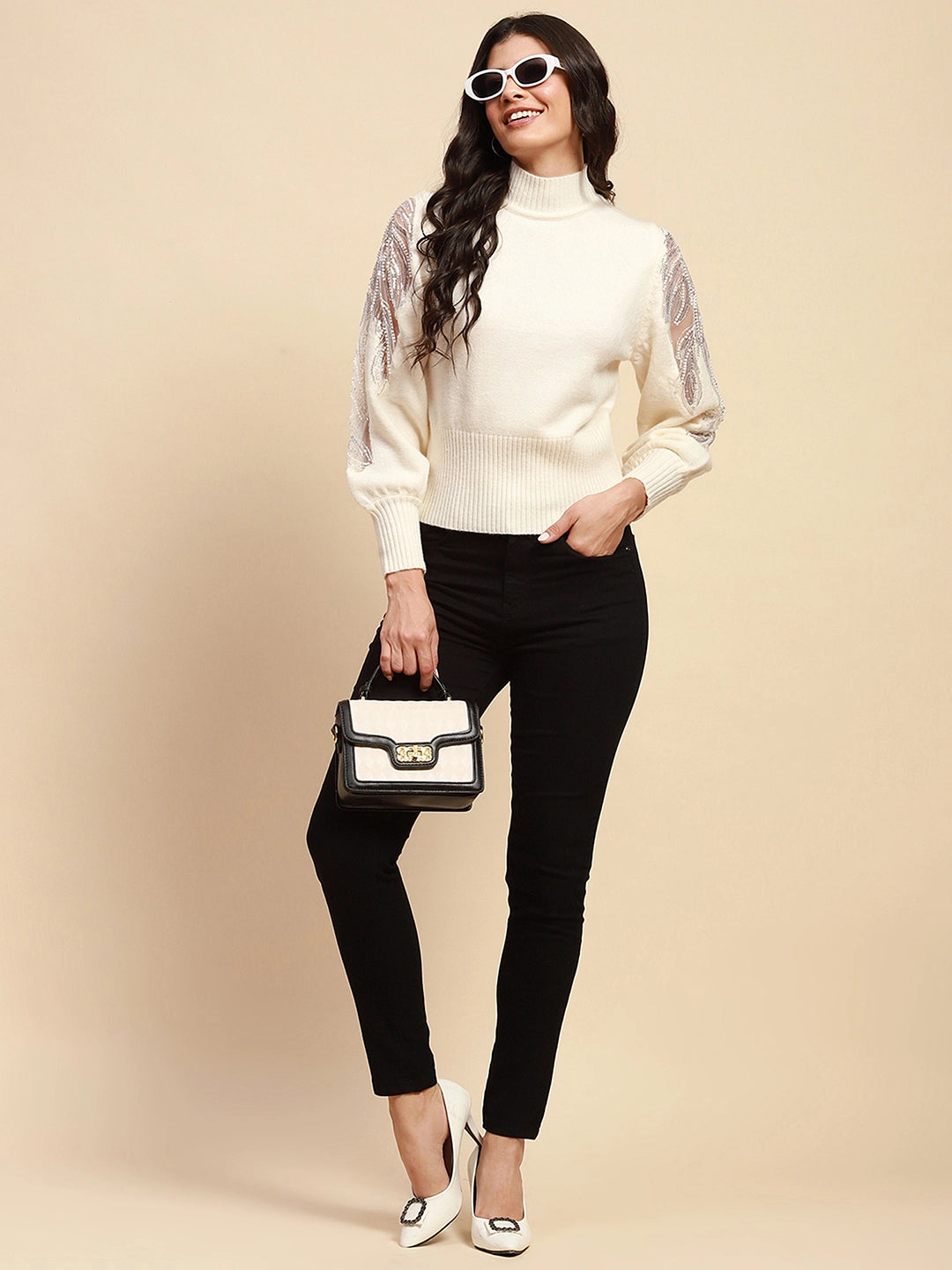 Off White Viscose Slim Fit Pullover - Global Republic