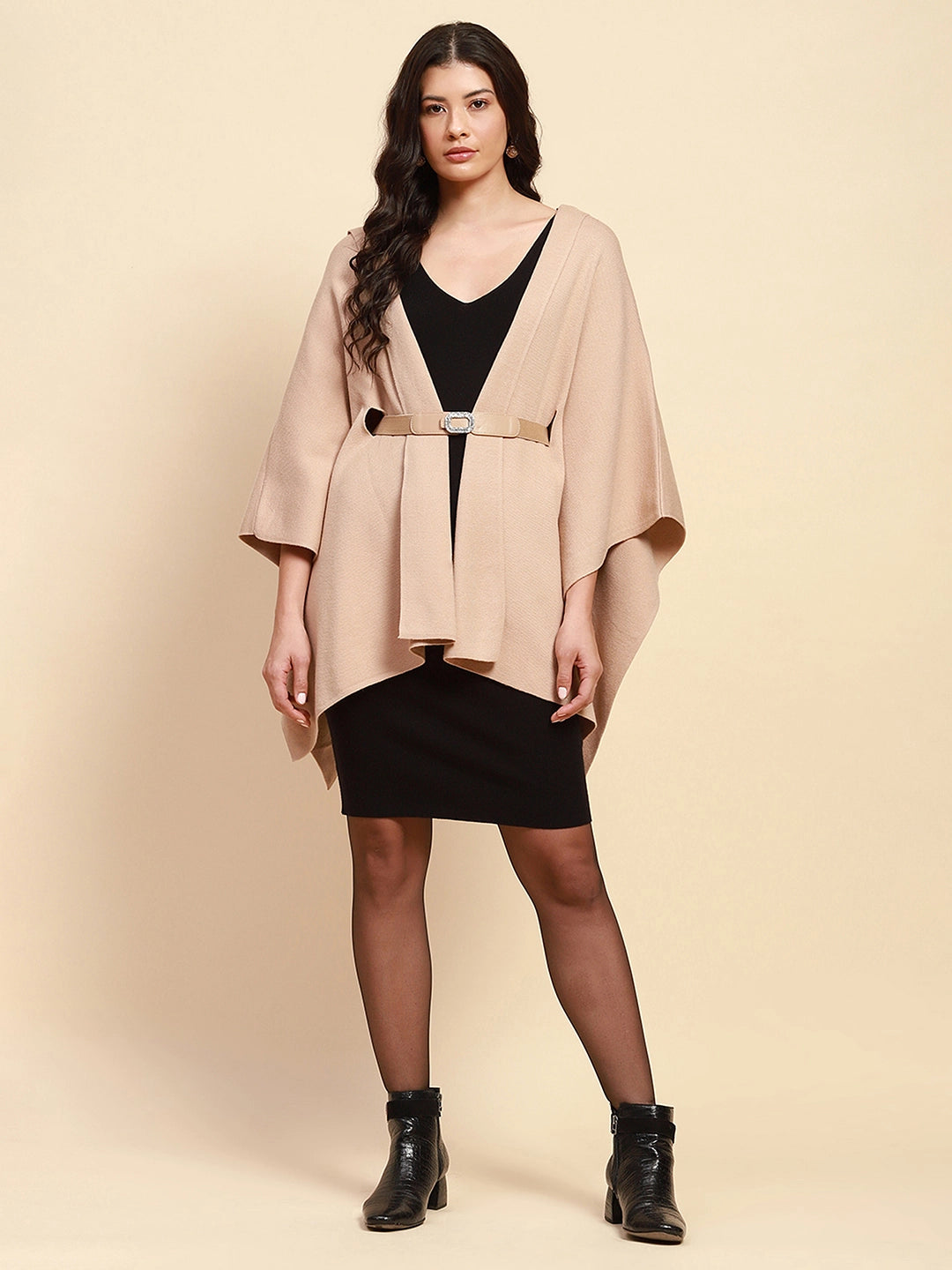 Beige Viscose Loose Winter Shrug - Global Republic
