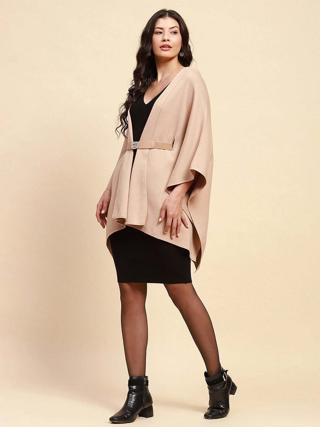 Beige Viscose Loose Winter Shrug - Global Republic