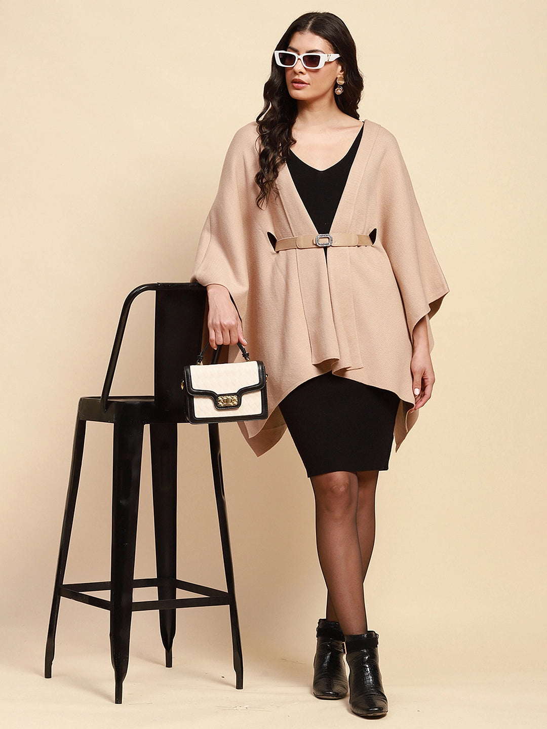 Beige Viscose Loose Winter Shrug - Global Republic