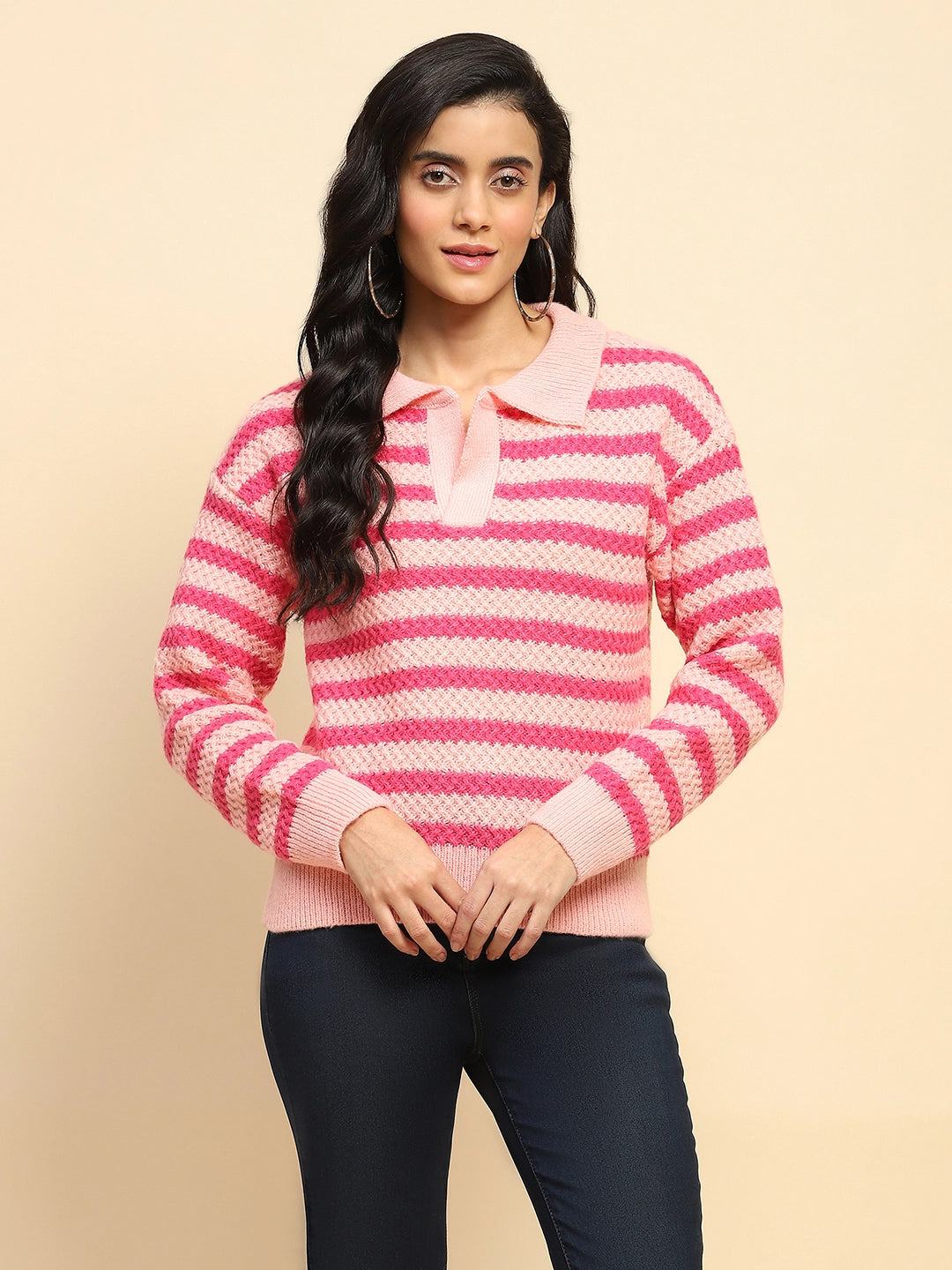 Fuchsia Wool Blend Striped Pullover - Global Republic