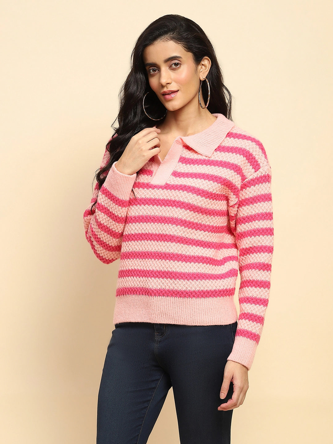 Fuchsia Wool Blend Striped Pullover - Global Republic
