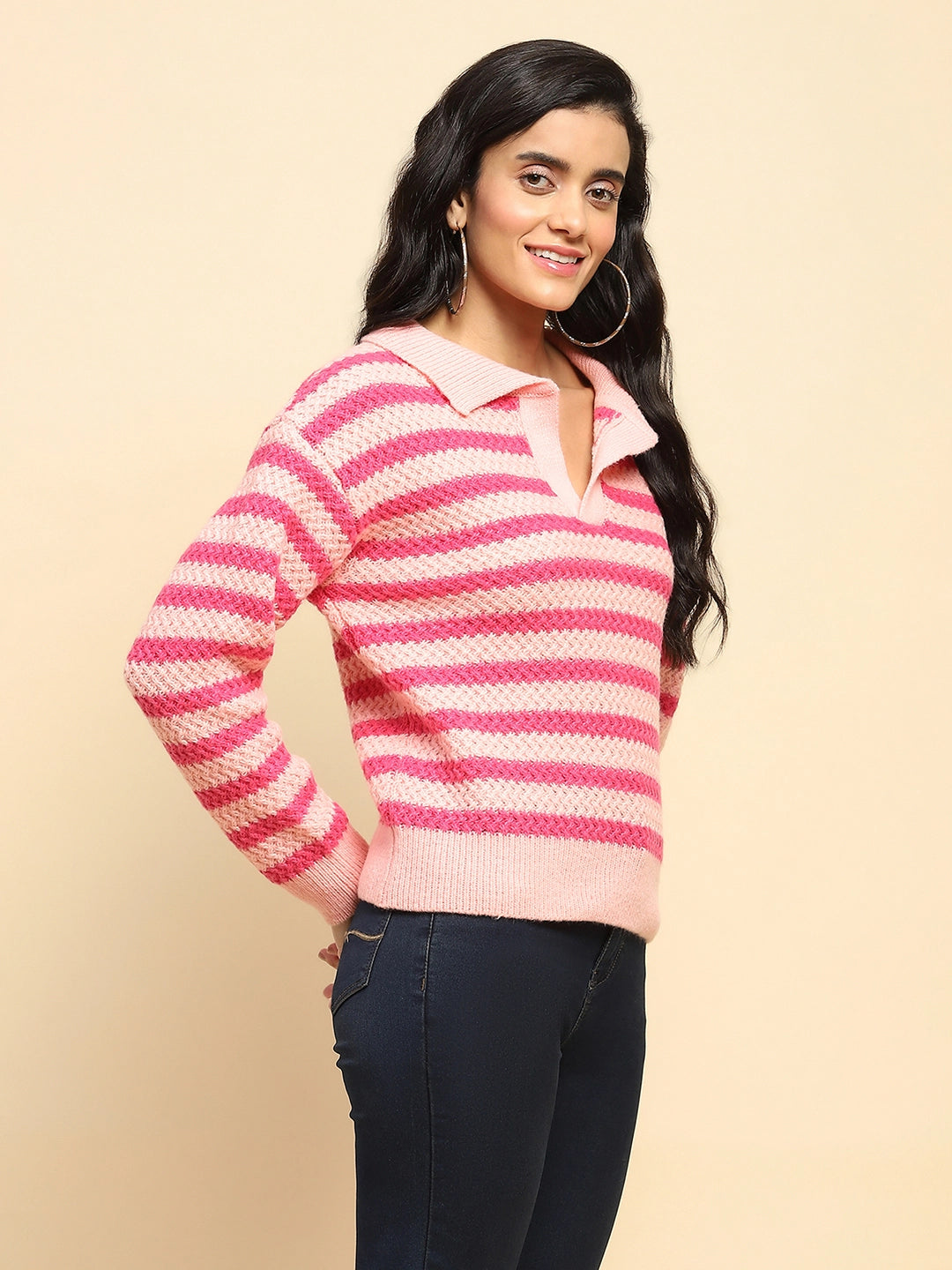Fuchsia Wool Blend Striped Pullover - Global Republic