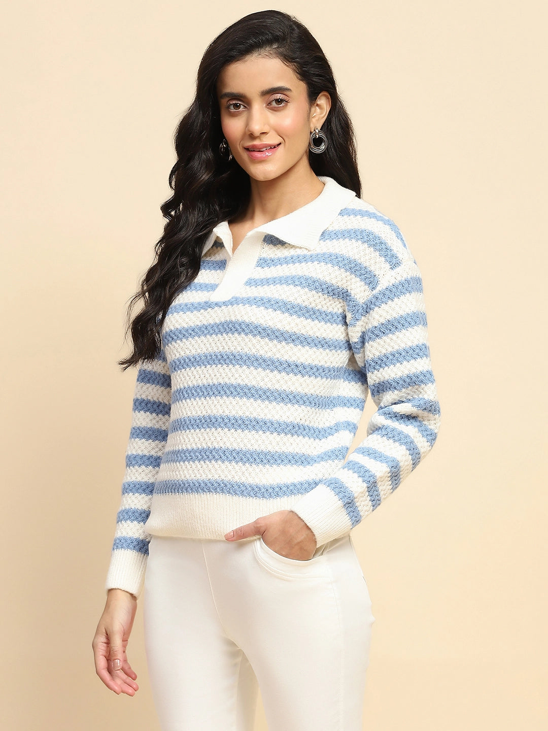 Blue Wool Blend Striped Pullover - Global Republic