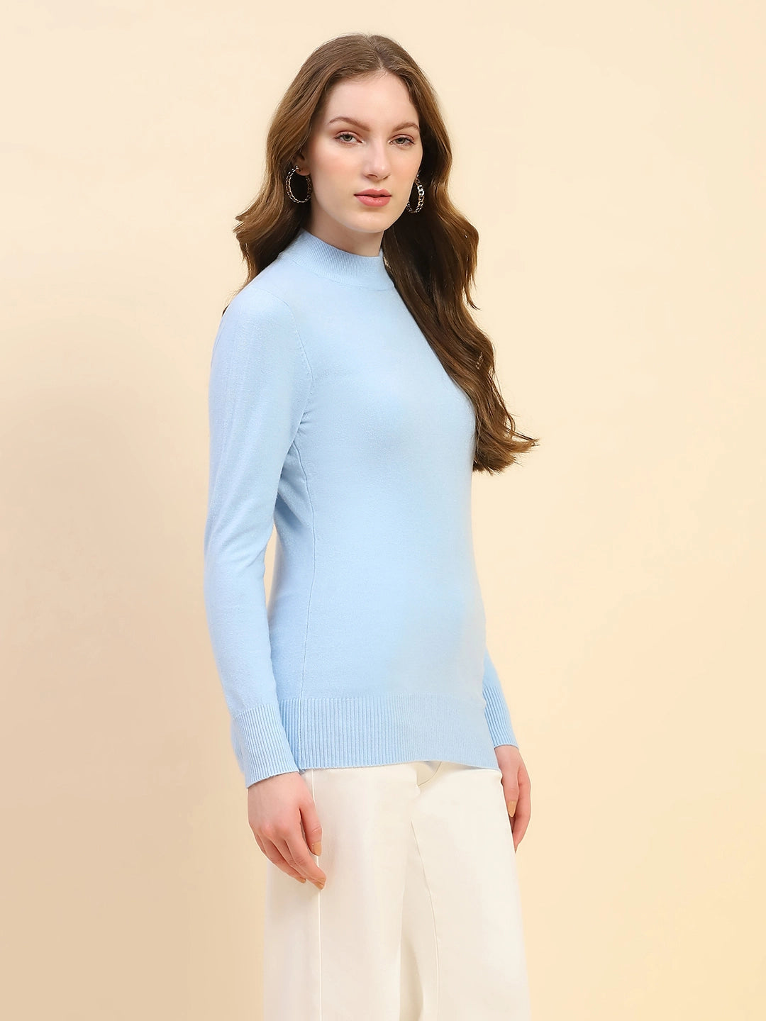 Blue Solid Wool Blend Pullover - Global Republic