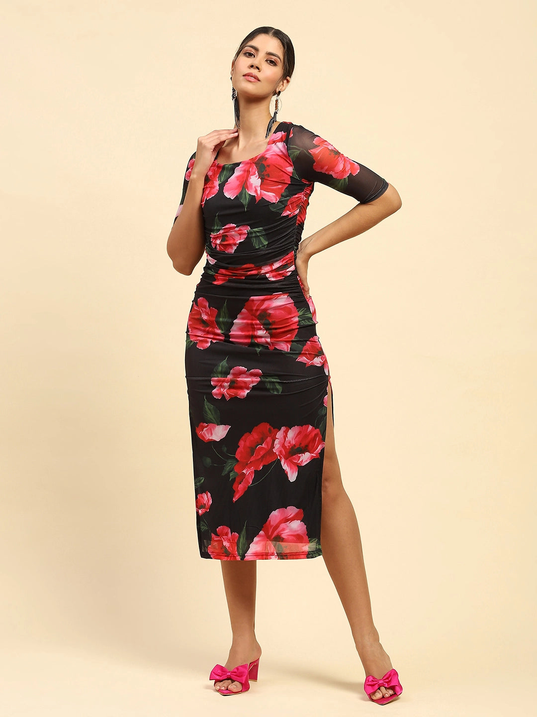 Black Floral Print Stretchable Dress - Global Republic