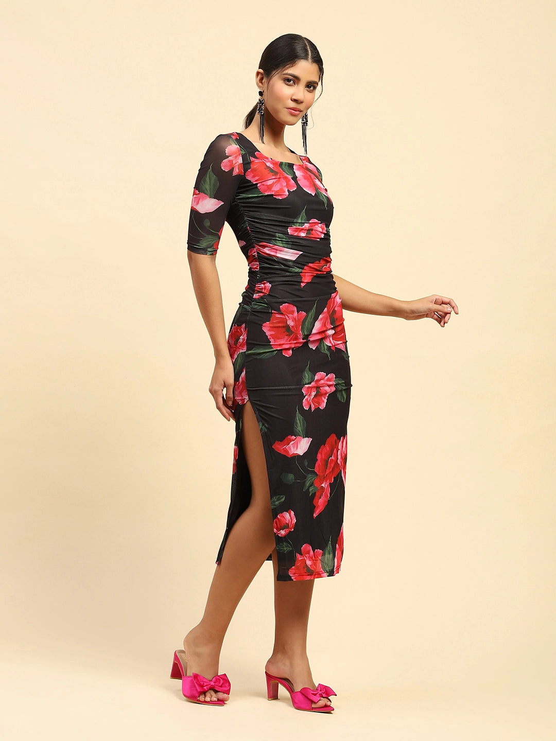 Black Floral Print Stretchable Dress - Global Republic