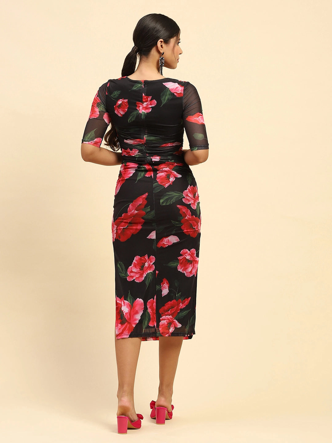 Black Floral Print Stretchable Dress - Global Republic