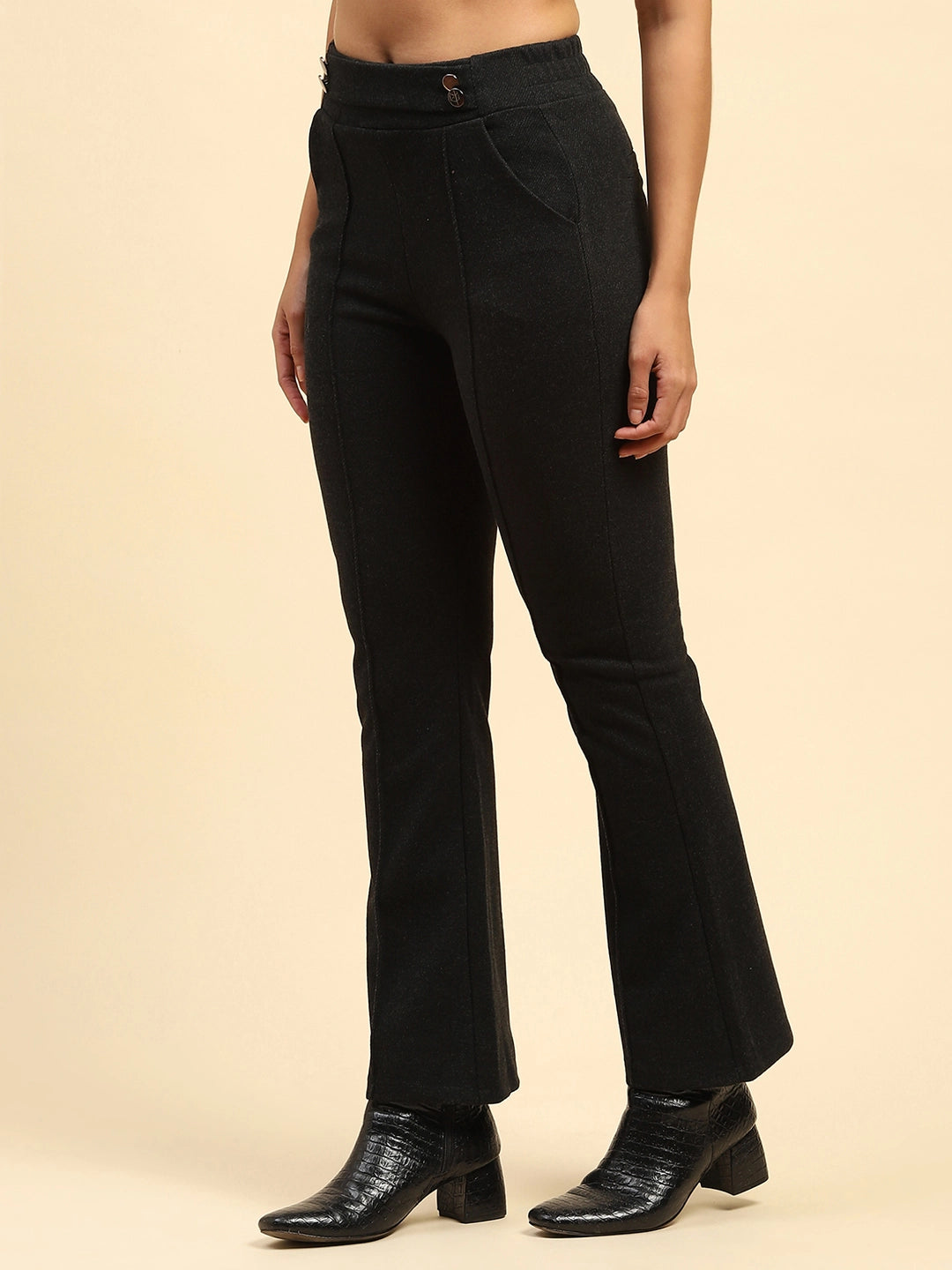 Black Solid Viscose Winter Trouser - Global Republic