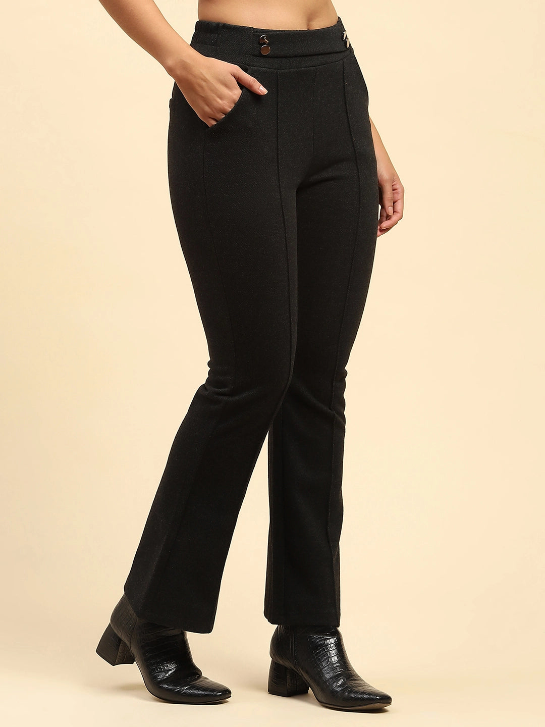 Black Solid Viscose Winter Trouser - Global Republic