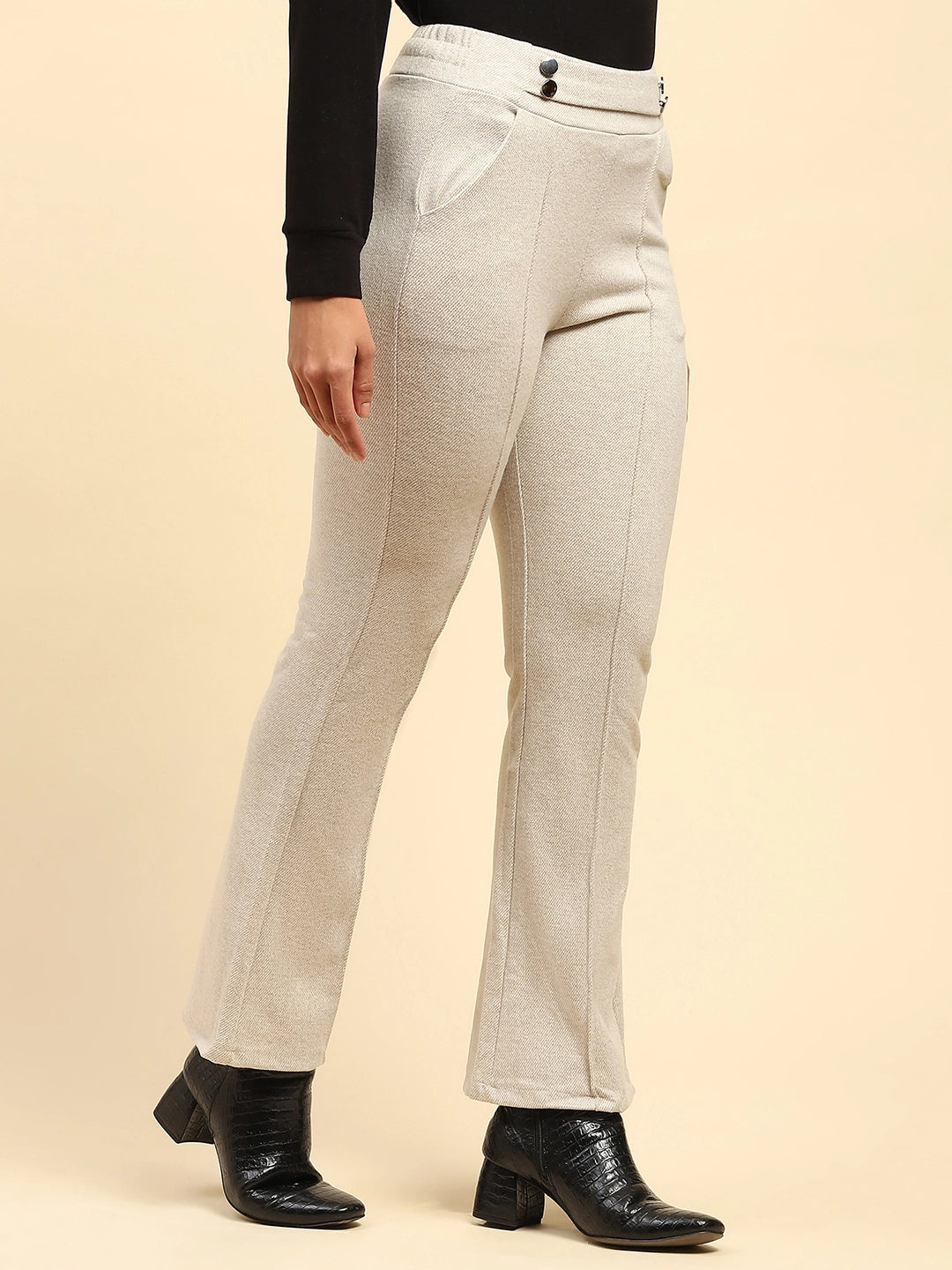 Ecru Solid Viscose Winter Trouser - Global Republic
