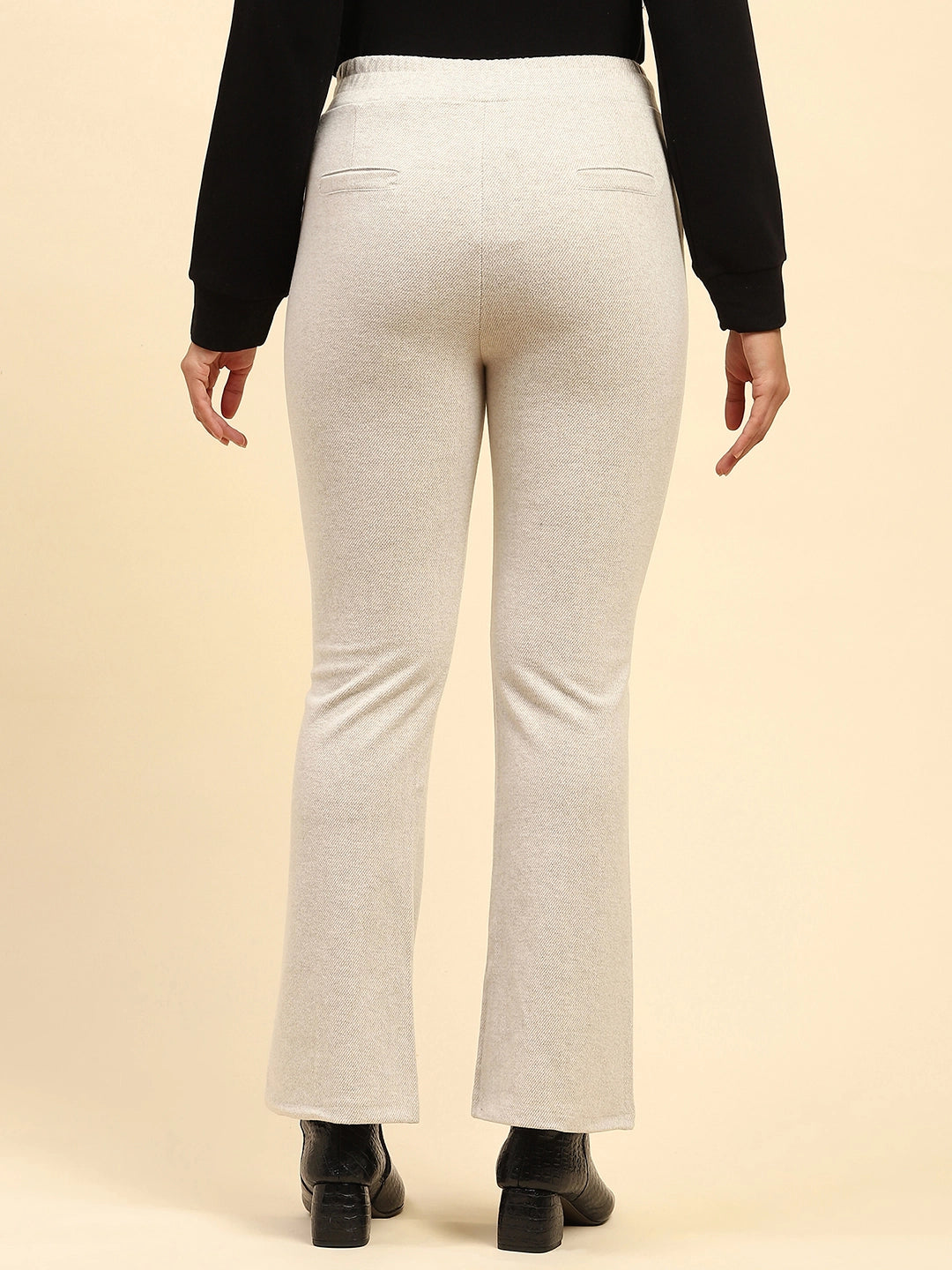 Ecru Solid Viscose Winter Trouser - Global Republic