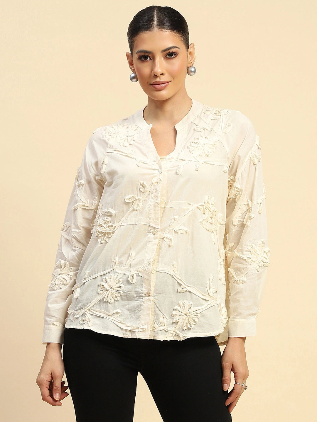 Cream Cotton Relaxed Fit Shirt - Global Republic