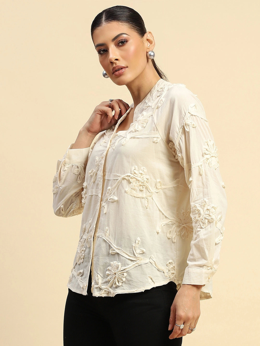 Cream Cotton Relaxed Fit Shirt - Global Republic