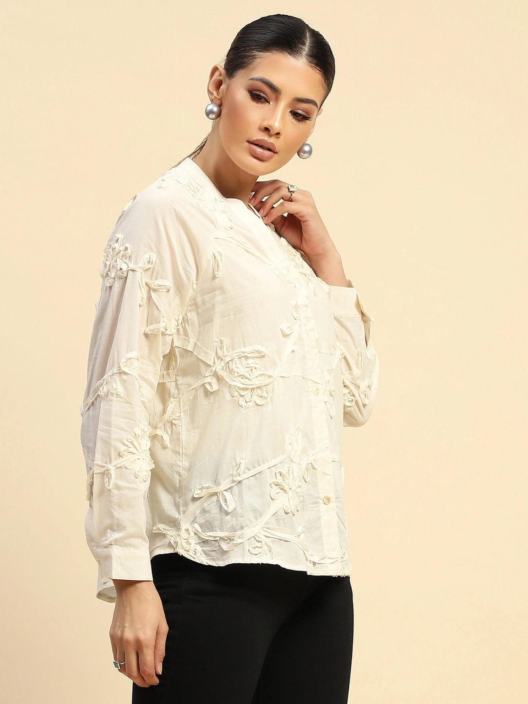 Cream Cotton Relaxed Fit Shirt - Global Republic