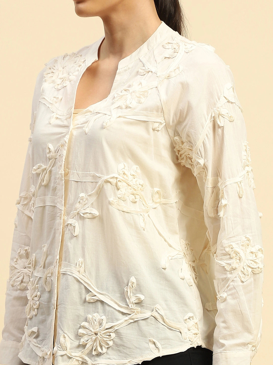 Cream Cotton Relaxed Fit Shirt - Global Republic