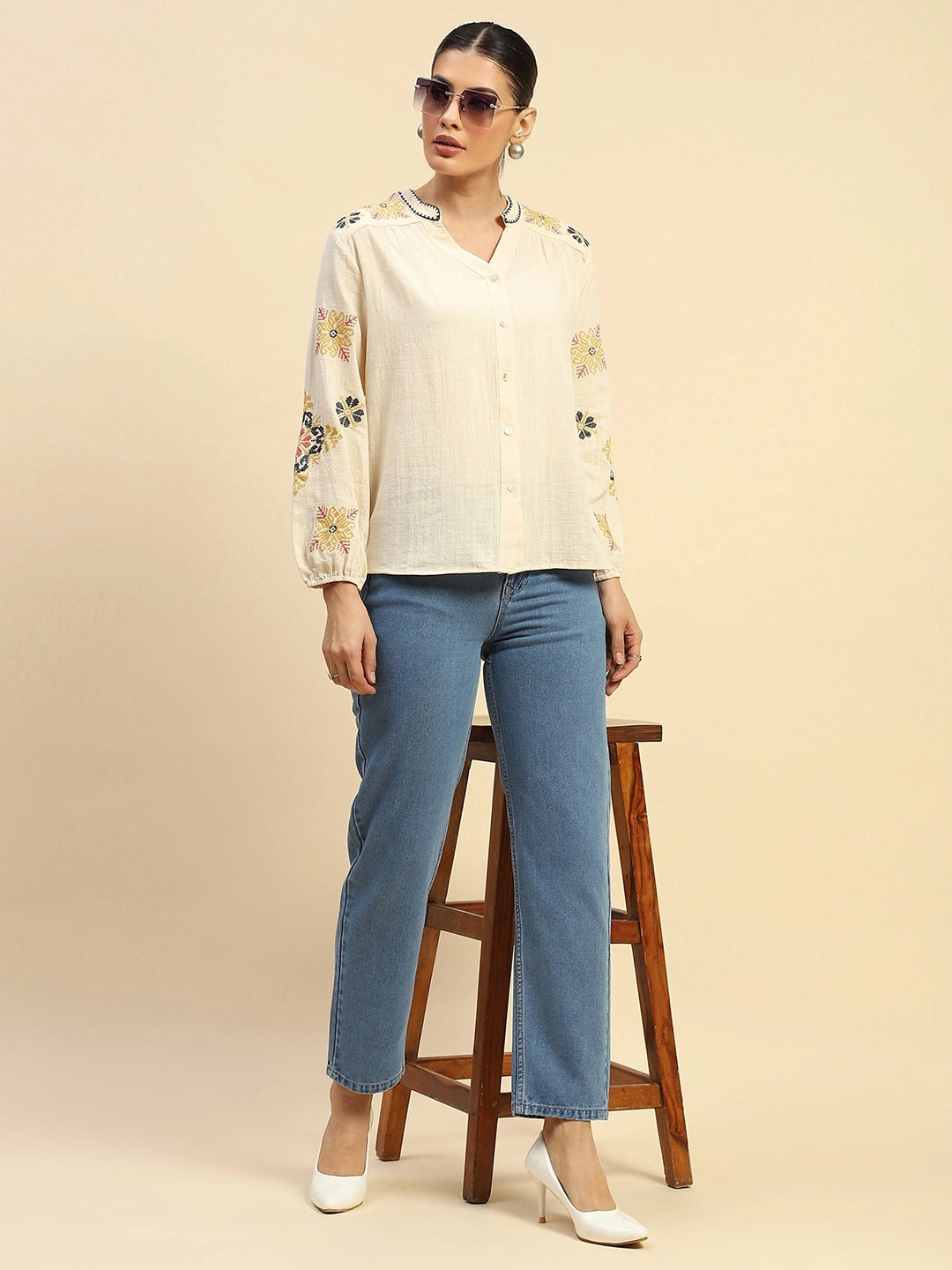 Cream Embroidered Cotton Loose Shirt - Global Republic