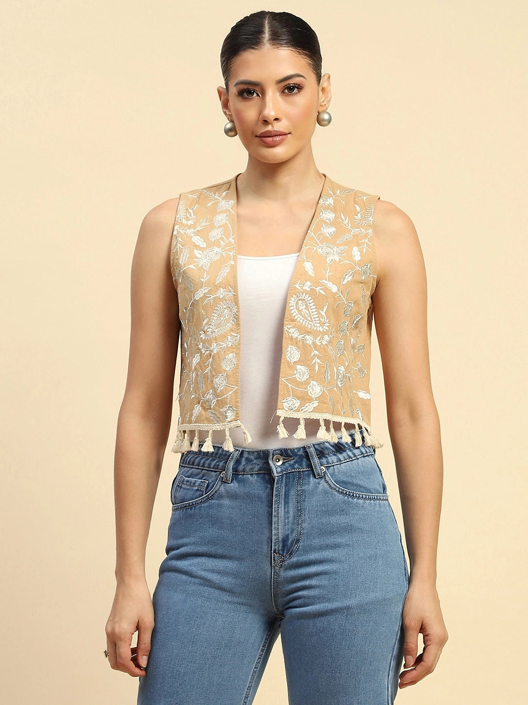 Beige Cotton Embroidered Waist Coat - Global Republic