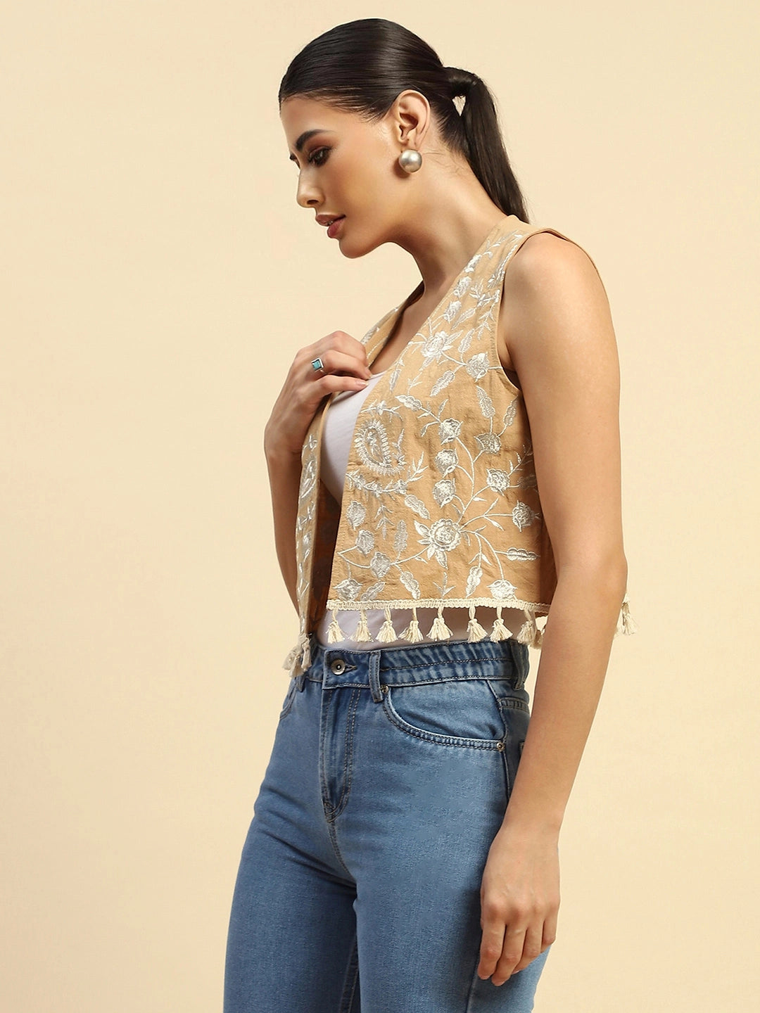 Beige Cotton Embroidered Waist Coat - Global Republic