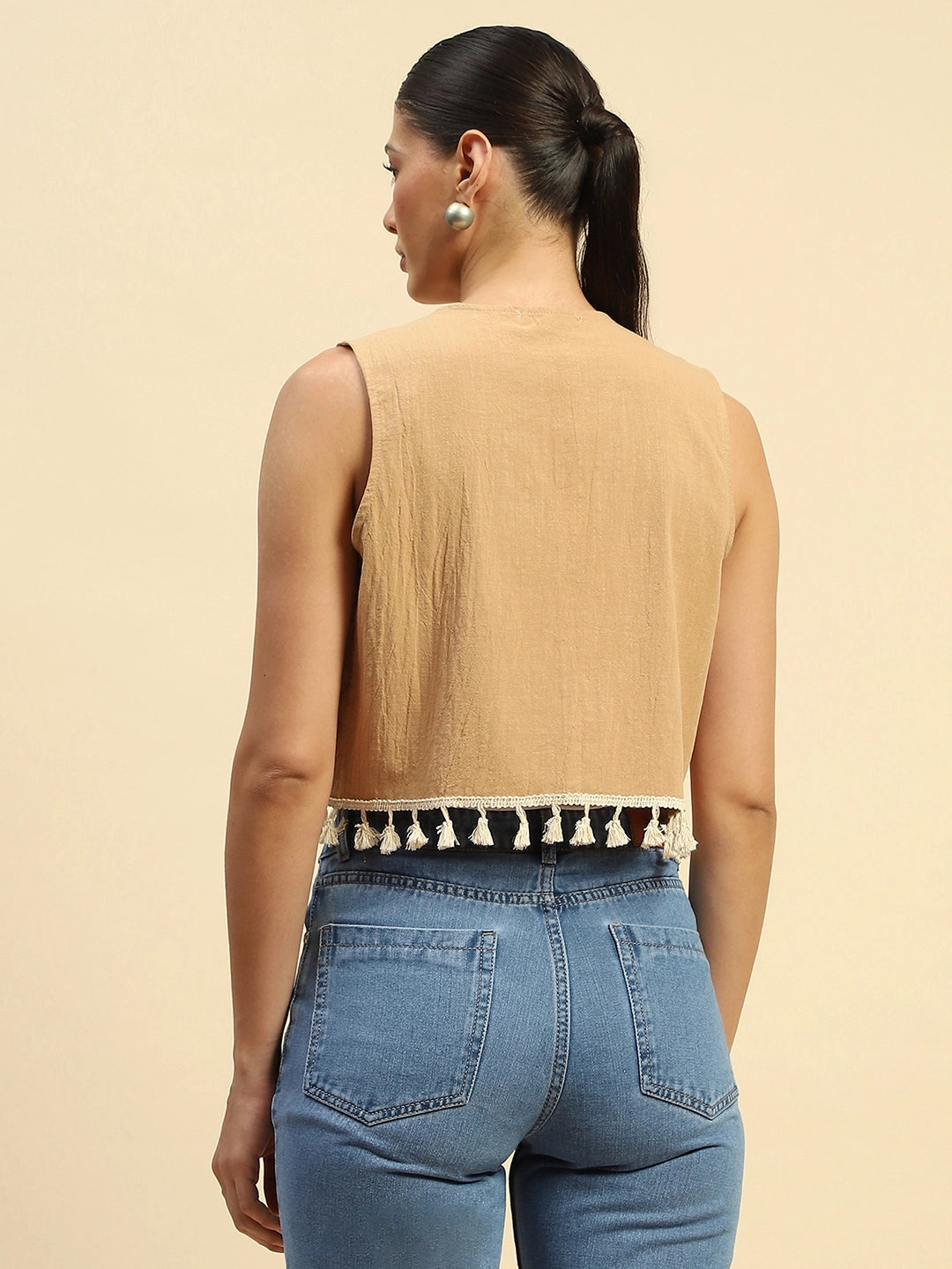 Beige Cotton Embroidered Waist Coat - Global Republic