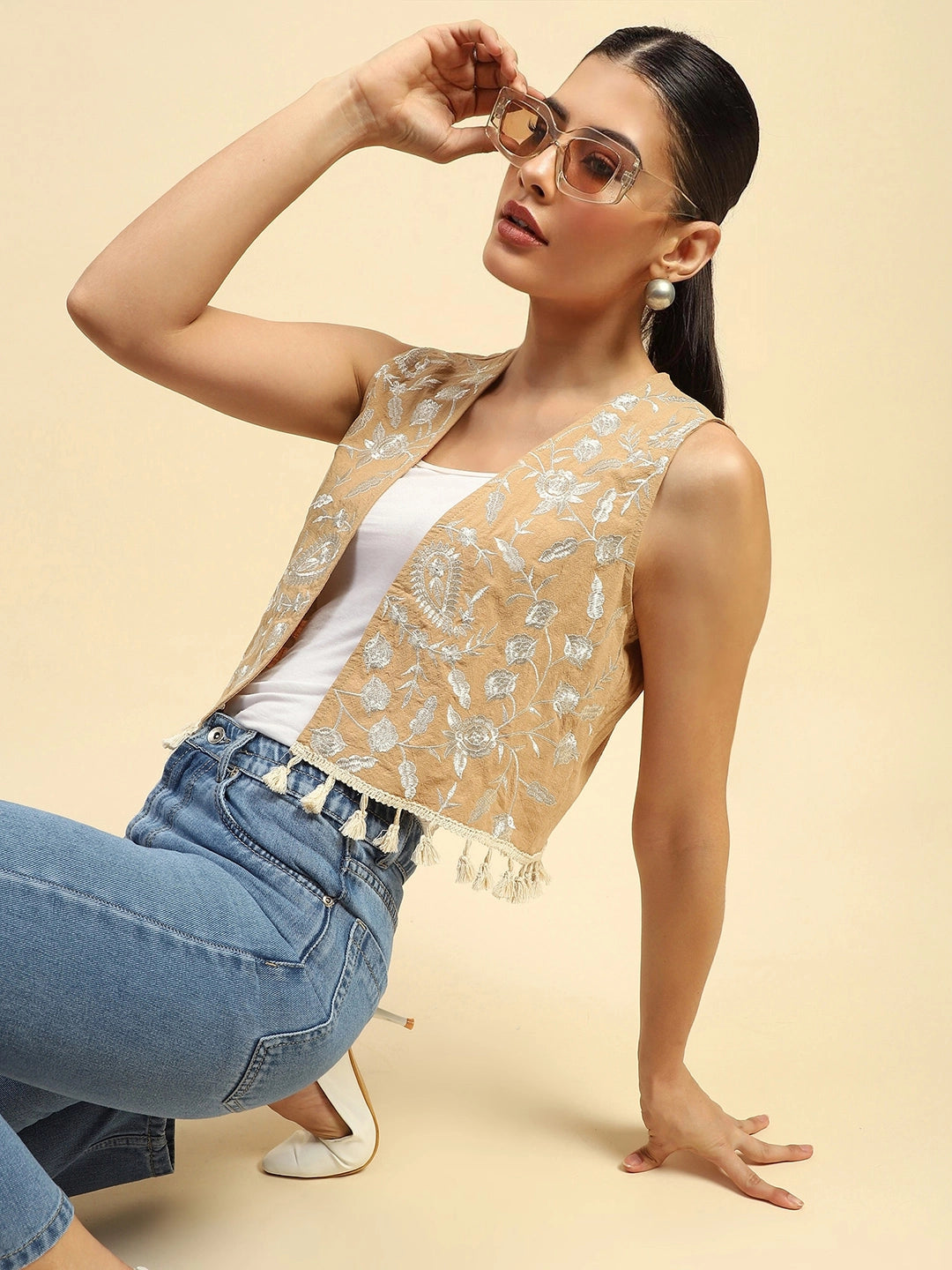 Beige Cotton Embroidered Waist Coat - Global Republic