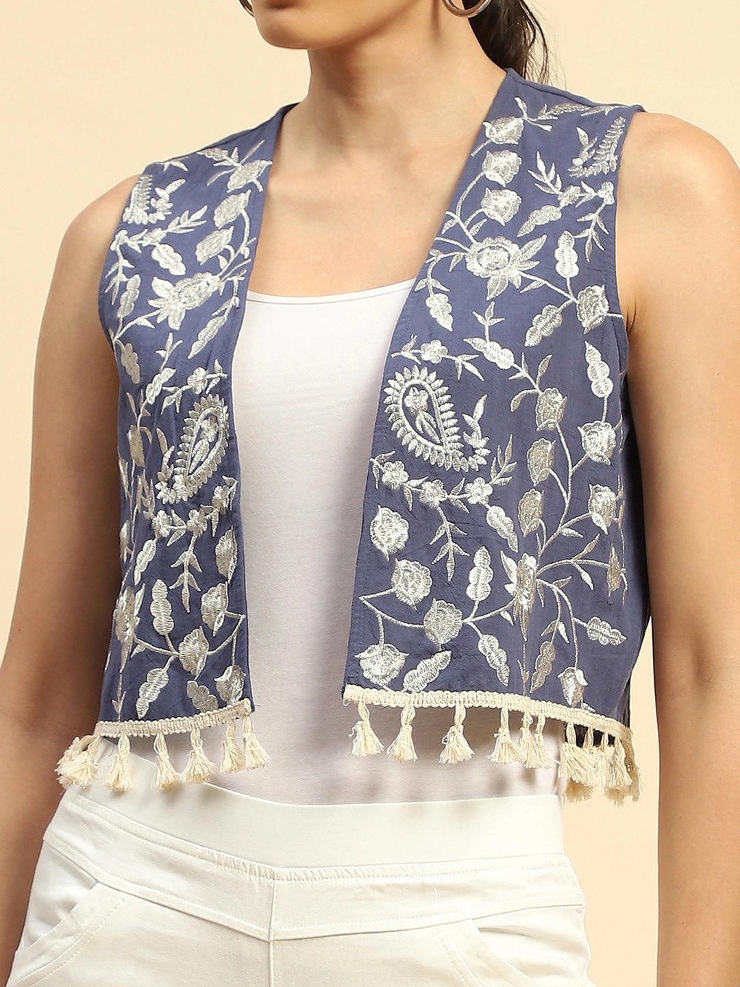 Blue Cotton Embroidered Waist Coat - Global Republic