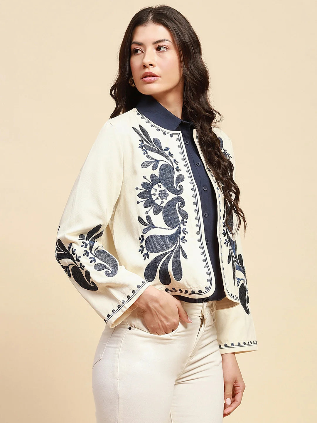 Cream & Blue Cotton Loose Fit Shrug - Global Republic