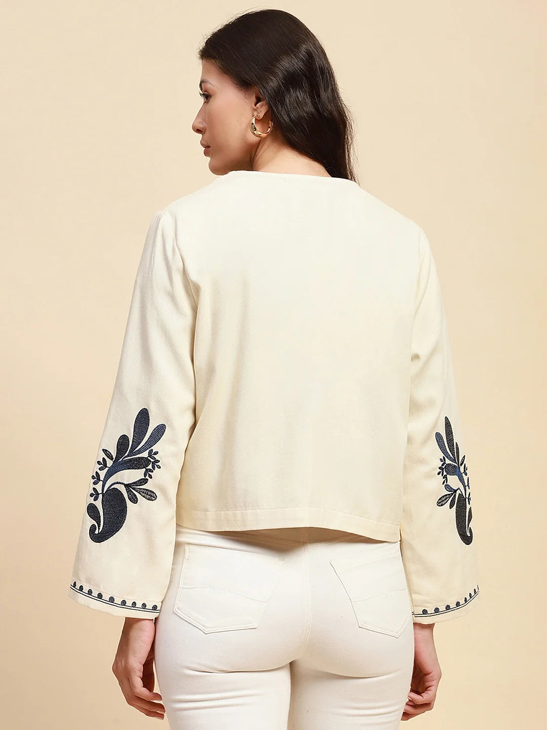 Cream & Blue Cotton Loose Fit Shrug - Global Republic
